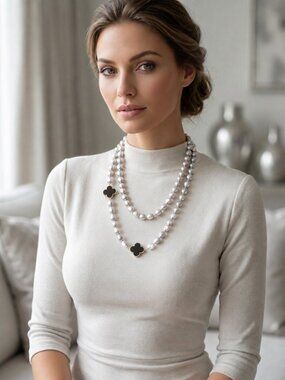 36" silver grey freshwater pearl rope necklace with clover enamel accents 🆕